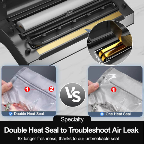 LIWUNON vacuum sealer with built-in cutter and bag storage; double heat seal feature demonstrated.