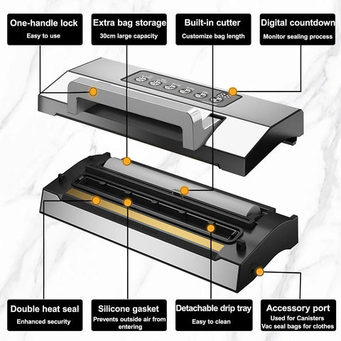 Kitchen vacuum sealer by Liwunon with built-in cutter and double heat seal; detachable drip tray, bag storage, includes 2 bag rolls and hose.