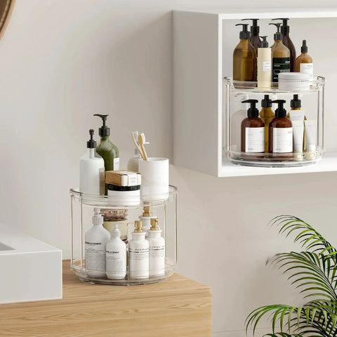2 Pack Double Layer Lazy Susan Turntable Organizer 9.25 Inch Rotating Spice Rack For Cabinet Pantry Countertop, clear with bottles.