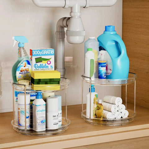 2 Pack Double Layer Lazy Susan Turntable Organizer 9.25 Inch Rotating Spice Rack with cleaning supplies in cabinet
