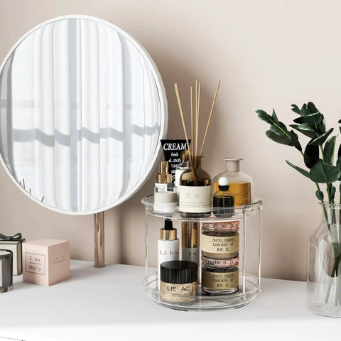 2 Pack Double Layer Lazy Susan Turntable Organizer 9.25 Inch Rotating Spice Rack with cosmetics on bathroom vanity