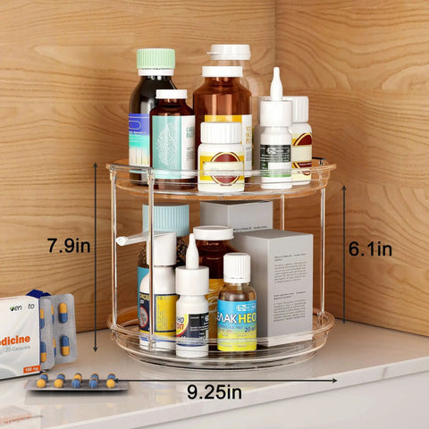 2 Pack Double Layer Lazy Susan Turntable Organizer 9.25 inch rotating spice rack with medicine bottles in bathroom vanity