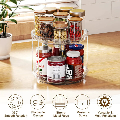 2 Pack Double Layer Lazy Susan Turntable Organizer 9.25 Inch Rotating Spice Rack with jars and cans displayed on a clear stackable design