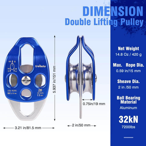 Double Block and Tackle Pulley System with 200Ft x 1/2'' Rope Pulley 7700 LB(35KN) Breaking Strength, front and side view