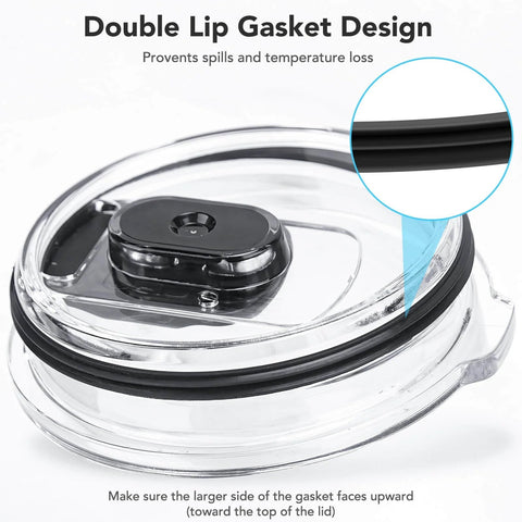 Close-up of Yeti Lid Rubber Seal Replacement Gasket Set For Leakproof O Ring, showing double lip seal on clear lid.