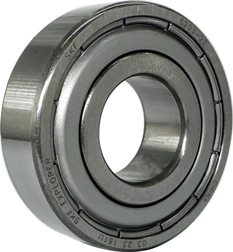 Close-up of 6203-2Z double metal seal deep groove ball bearing, size 17x40x12mm, showing polished metal surface and construction.