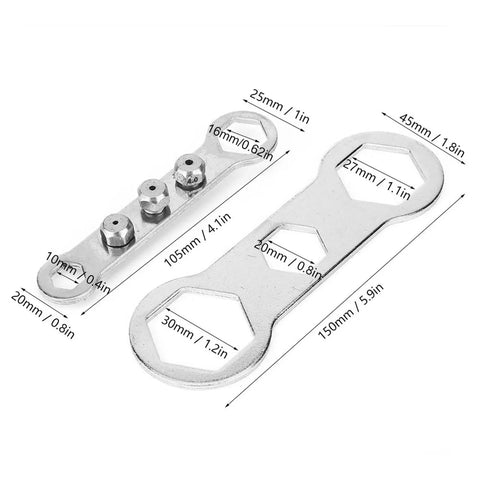 Silver metal wrench set with multiple hexagonal openings and measurements, part of the Electric Rivet Nut Adapter For Fast No Fuss Riveting With Your Drill, Durable Metal And Plastic Construction, Portable Handle, Easy To Use For DIYers And Pros, Works Smooth With Electric Drill kit.