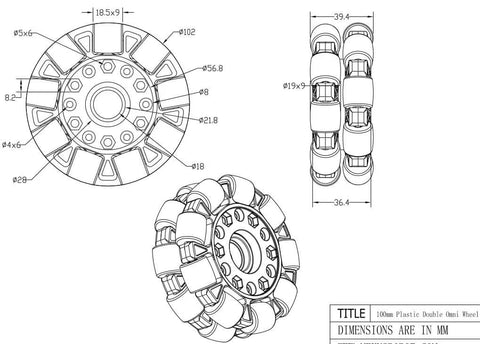 Technical drawing of Double Plastic Omnidirectional Wheel, 4 Inch 100mm, 14049, Universal Wheel showing dimensions in mm.