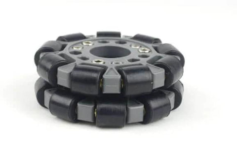 Double Plastic Omnidirectional Wheel, 4 Inch 100mm, 14049, Universal Wheel in gray and black, front view