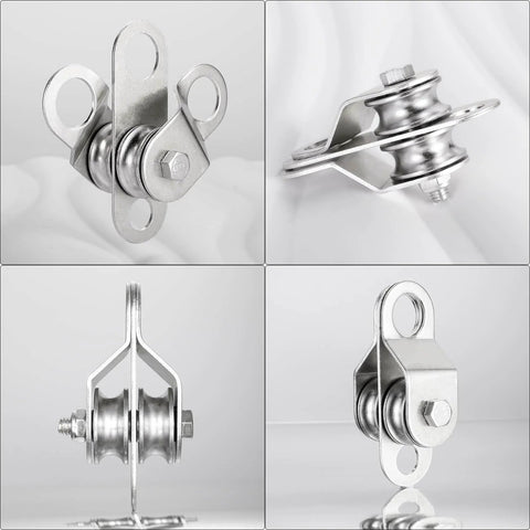 Four views of Double Pulley Block Small Snatch Cable for 0.23Inch/6mm Wire Rope, Pulley Wheel Bearing Inside, 2Pack
