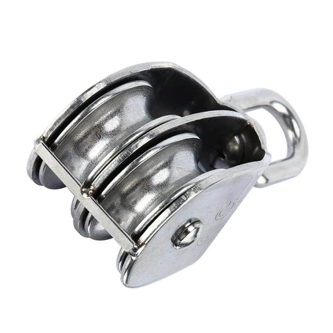 Close-up of 2-Pack M50 Lifting Double Pulley Block 304 Stainless Steel Crane Rotary Hook Double Pulley Loading M50 Double Pulley.