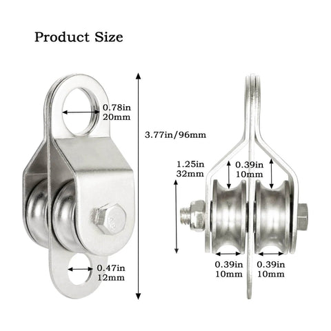 Front and side view of Double Pulley Block Small Snatch Cable for 0.23Inch/6mm Wire Rope, Pulley Wheel Bearing Inside, 2Pack.