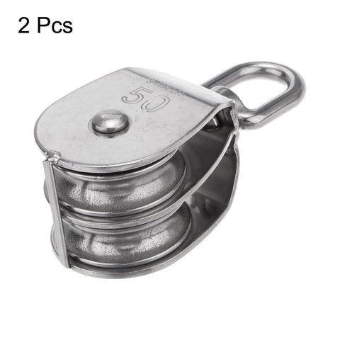 2pcs M50 Double Pulley Block, Stainless Steel Swivel Rigging Lifting Wheel Fixed Pulley in side view