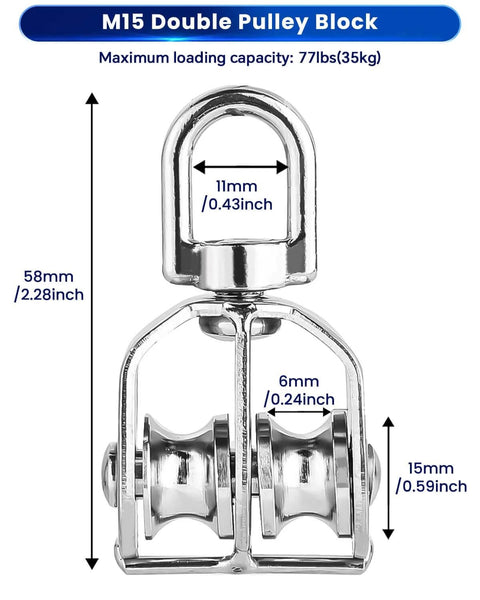 M15 Double Pulley Block - Pack of 4 Heavy Duty 304 Stainless Steel Double Wheel Pulleys for Lifting Rope with dimensions displayed