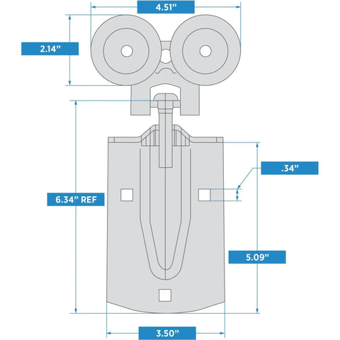Technical drawing with measurements for a mechanical component, featuring two round elements at the top and rectangular base.