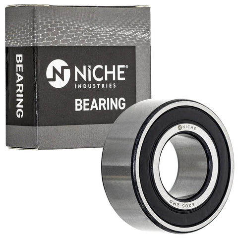 Pack of 10 double row angular contact bearings measuring 25 by 52 by 20.5 millimeters with 2RS seals shown with packaging.