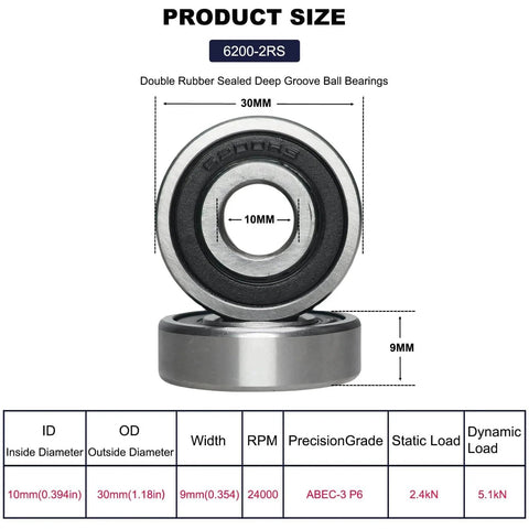Diagram of 10 Pack 6200-2RS Double Rubber Seal Deep Groove Ball Bearings 10x30x9mm with size details and specifications chart.