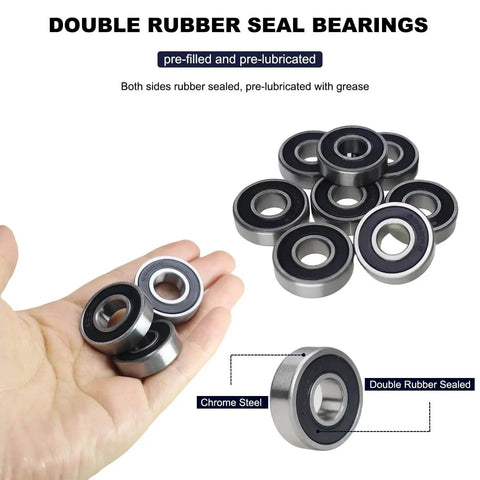 10 PCS 6000-2RS Double Rubber Seal Bearings 10x26x8mm shown on hand and surface, chrome steel, pre-lubricated and stable performance.