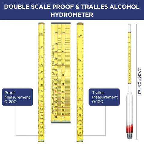 Moonshine Alcohol Hydrometer Kit 0 To 100 Proof With Glass Cylinder Brush And Dust Cloth with double scale, proof and tralles measurements