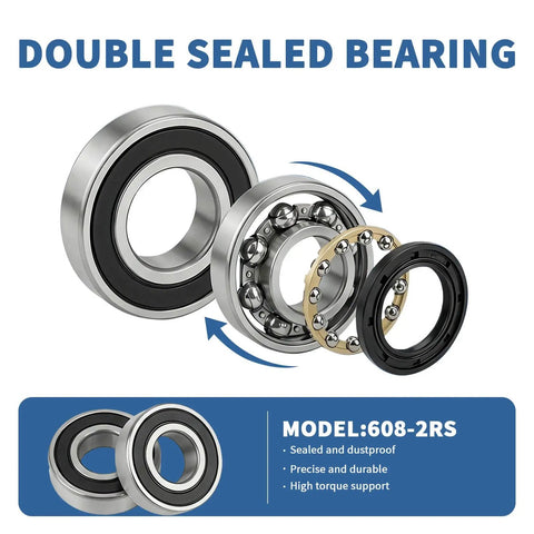 Exploded view of 20-Pack 608-2RS Sealed Deep Groove Ball Bearings, GCr15 Bearing Steel with double-rubber shields, model 608-2RS.