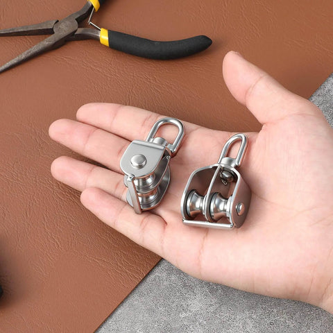 2 Pack M15 Double Sheave Pulley Block, 304 Stainless Steel Lifting Crane Swivel Hook Wire Rope Hanging Wire Towing Wheel on hand