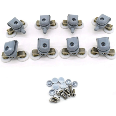 8 Pcs Double Shower Door Rollers Replacement Set, 23mm twin top & bottom wheels with spring loaded action and screw cover caps