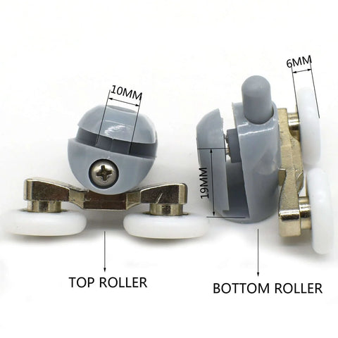 Close-up of 8 Pcs Double Shower Door Rollers Replacement Set, showing 23mm twin top and bottom wheels with labeled dimensions.