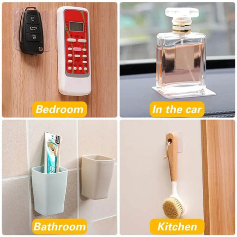Double Sided Adhesive Pads used in bedroom, car, bathroom, and kitchen for holding items securely, shown in various mounting scenarios.