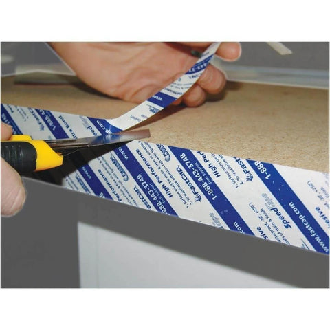 Applying SpeedTape Peel And Stick Double-Sided Adhesive Tape For Edge Banding Made For Woodworking And Diy Home Improvement Ultra Bond Transfer Adhesive Like Contact Cement On A Roll Clear One Inch By Fifty Feet Great For Veneers And Laminates Usa Made on wood surface