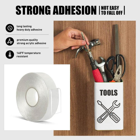 Transparent Double Sided Adhesive Tape 1/2 Inch By 10 Feet, Acrylic, Removable No Residue, Heavy Duty Mounting Tape image with tool display.