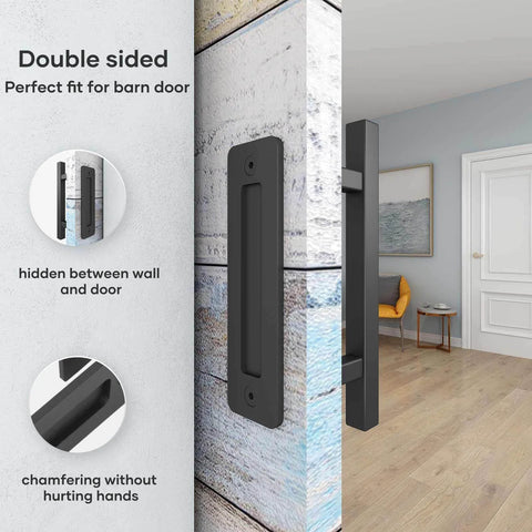 12 inch sliding barn door handles and pulls double sided hardware set, heavy duty solid steel square design, installed view