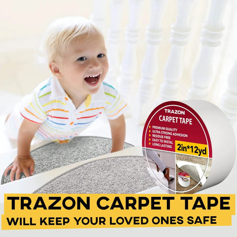 Child playing near double sided carpet tape for rugs and hardwood floors with hot melt adhesive, 2 inch by 12 yards roll shown