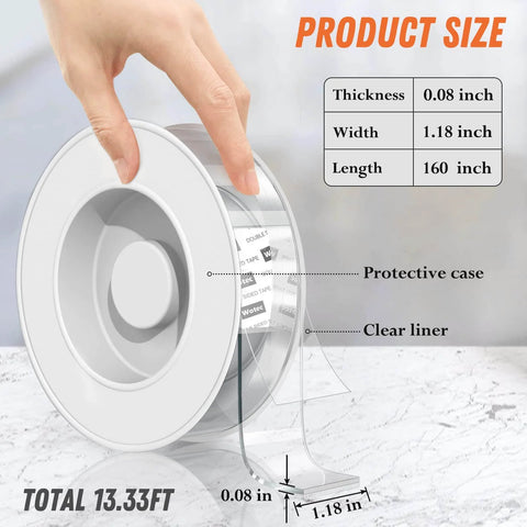 Extra Large Double Sided Tape Heavy Duty Removable 1.18 Inch By 160 Inch Clear Nano Tape shown with protective case and dimensions.