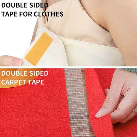 Image of Heavy Duty Double Sided Fabric Tape For Carpets And Rugs Crazy Sticky For Home And Office Use, showing usage on clothes and carpet.