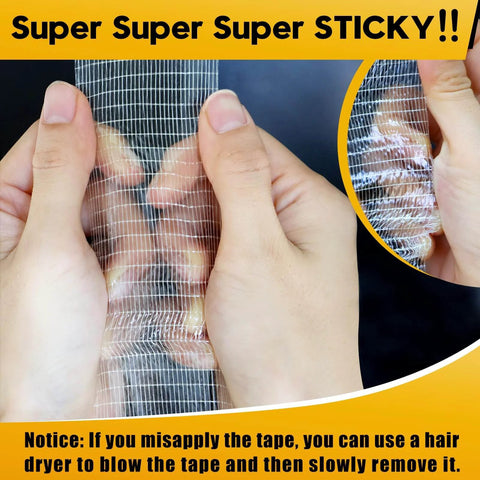 Person holding heavy duty double sided mesh tape showing sticky 2 Packs Heavy Duty Double Sided Mesh Tape 66 Feet Set Featuring 2 Inch And 1 Inch Gauze Fiberglass Tape Adhesive For Carpets And Pictures Mounting Industrial Grade Mesh For Super Sticky Grip.