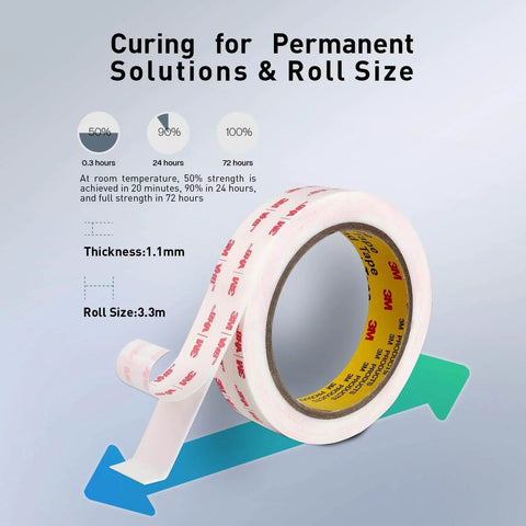 3M 4950 Heavy Duty Double Sided Foam Mounting Tape roll showing thickness and curing time details