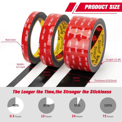 Heavy Duty Double Sided Foam Tape 2 Inch By 15.4 Foot Model 5952 Mounting Tape 0.043 Inch Thick Black Adhesive Waterproof And Heat Resistant For Automotive Car Home Office Indoor Outdoor shown with red liner and product size details.