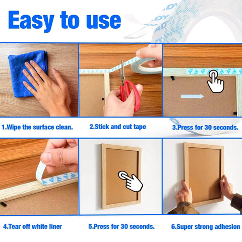 Instructions for using Heavy Duty Clear Double Sided Foam Tape For Wall Mounting Removable No Residue Damage Free Paint Safe Hang Posters Office Use 1In By 20Ft Roll 1.1Mm Thick Transparent Great For Pictures And Decor.