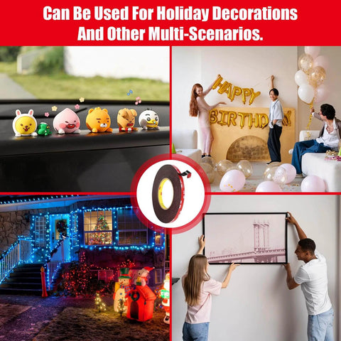 Heavy Duty Double Sided Tape waterproof foam in various scenarios including car dashboard figures, birthday decor, holiday lights, and wall art.