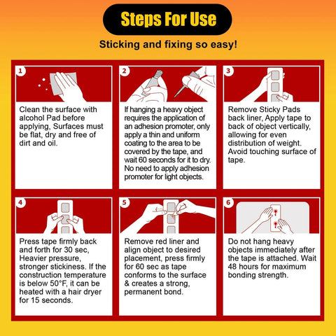 Instructions for 1-Inch Wide Double Sided Foam Tape For Outdoor Use Waterproof Heavy-Duty Mounting Tape With Super Strong Adhesive That Holds Tight Great For Automotive Interior Or Exterior Decor Quick Install 15 Ft Length, showing steps for preparation and application.