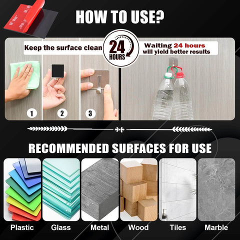 Usage instructions and recommended surfaces for Navona 16Pack Heavy Duty Double Sided Mounting Tape – VHB 5952 Foam Tape.
