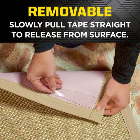 Hands removing Heavy Duty Double Sided Gel Tape For Removable Mounting Up To 20 Lbs On Metal Glass Tile Wood Brick And More from carpet.