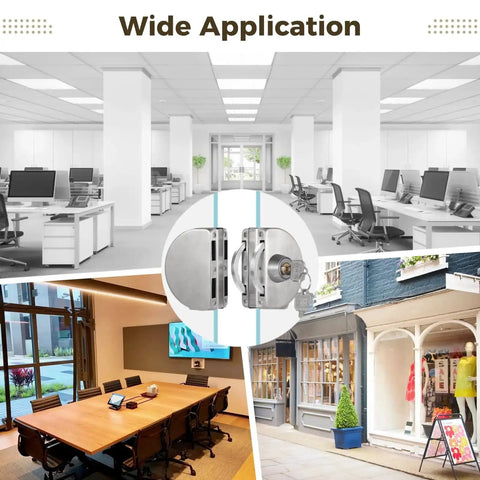 Stainless Steel Glass Door Lock Double Sided For Half Inch Glass Or Sliding Doors Brushed Finish Includes 3 Keys Copper Core With office and storefront applications.