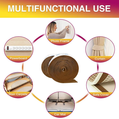 Multifunctional use of Heavy Duty Double Sided Hook And Loop Tape 12 Ft Cuttable Interlocking Fasteners Brown shown in various applications.