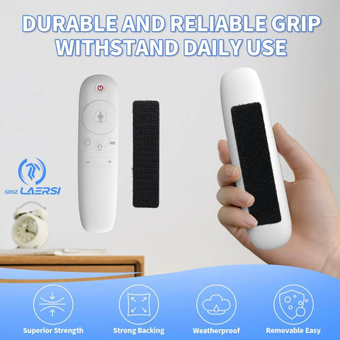 Heavy Duty Double Sided Hook And Loop Tape Adhesive Strips 1x4 Inches Set Of 20 for Quick No Drill Mounting shown with remote