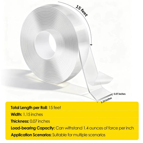 Heavy Duty Double Sided Mounting Tape 1.2 Inch Wide by 15 Ft Per Roll, showing full roll and unwinding with dimensions.