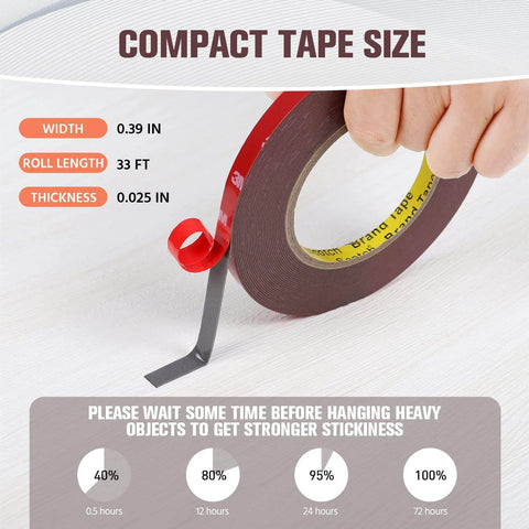 Person holding Heavy Duty Double Sided Mounting Tape Waterproof Foam Tape 33 Feet Long 0.39 Inch Wide with thickness details