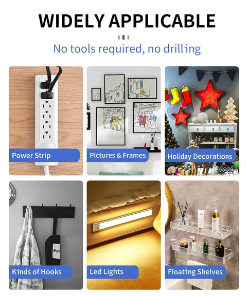 Collage showing Heavy Duty Double Sided Mounting Tape applications: power strip, frames, holiday decor, hooks, LED lights, shelves