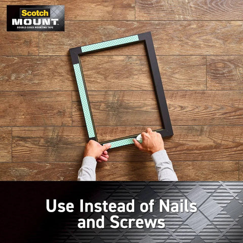 Hands applying indoor double sided mounting tape with industrial strength adhesive for painted drywall holds up to 15 pounds.