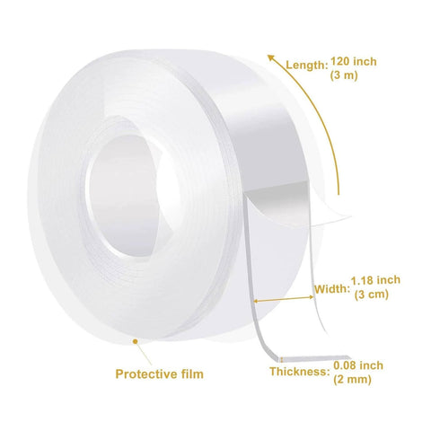Double Sided Heavy Duty Adhesive Tape For Hanging Decorations And Lights Indoors Or Outdoors Ultra Strong Nano Tape With Reusable No Nails Needed Damage Free Hold 1.2 Inch By 120 Inch Pack Of 1 Great For Garlands And More, shown as a roll with measurements highlighted.